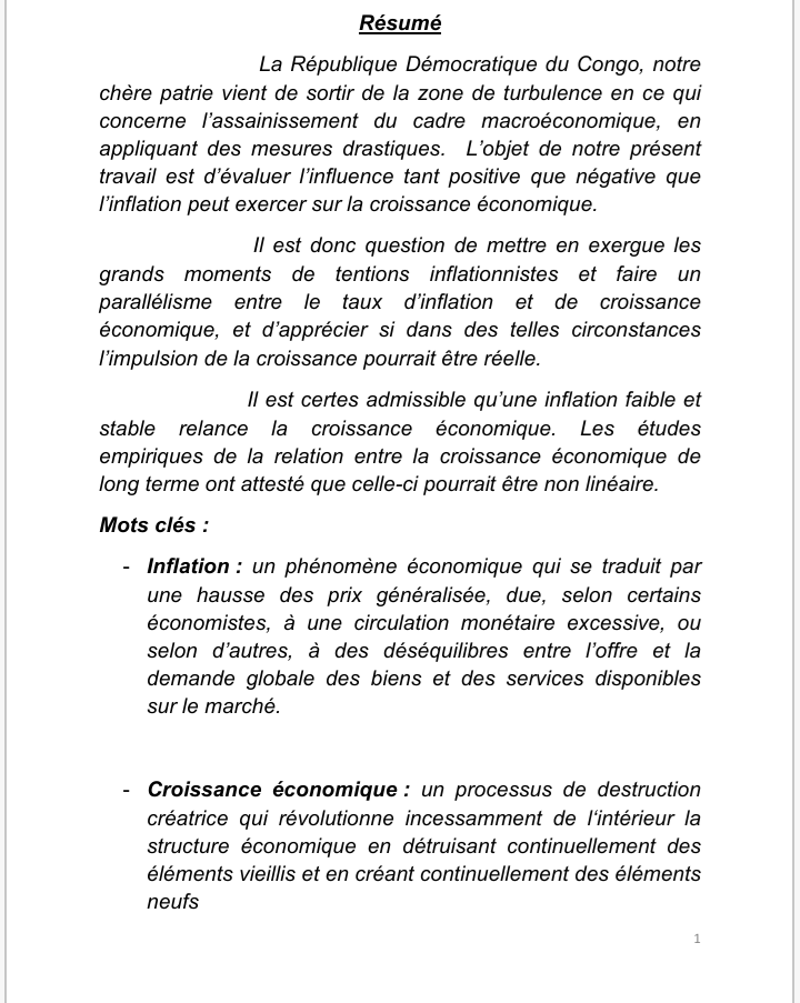 Mémoire Inflation moteur ou frein de la croissance économique en RDC ...